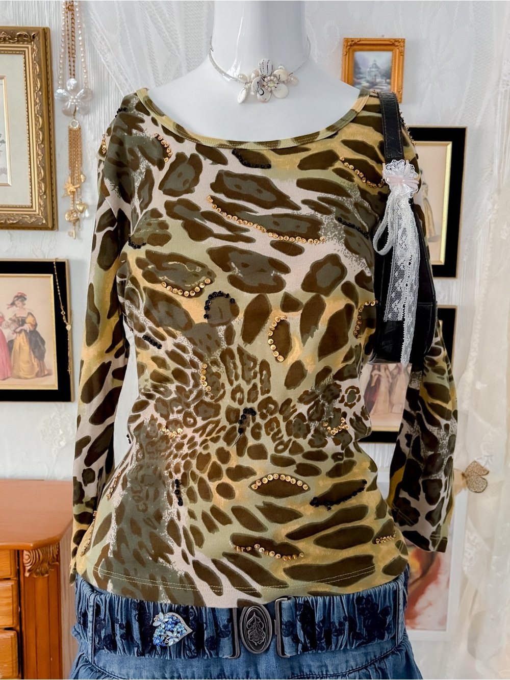 Y2k McBling leopard sequin green multicolor top